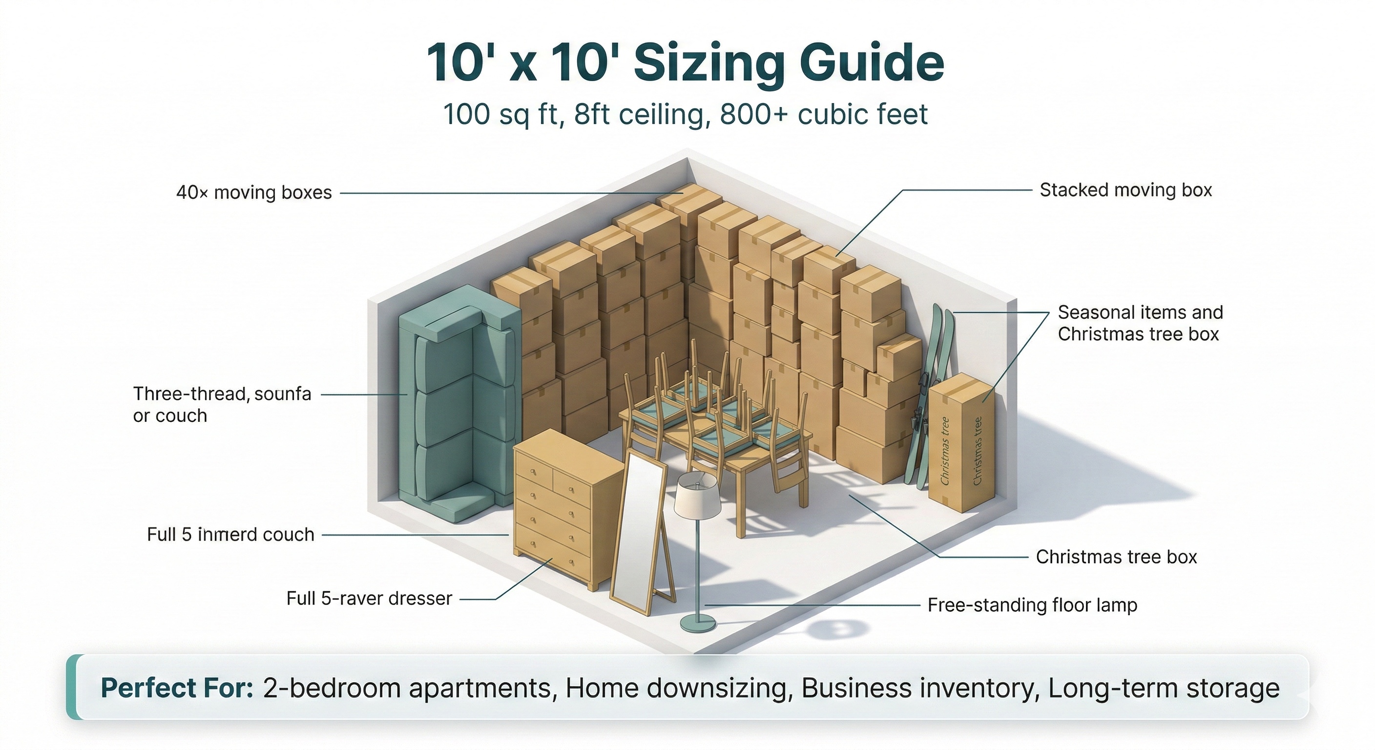 10×10 storage unit sizing guide — fits Two small bedrooms
