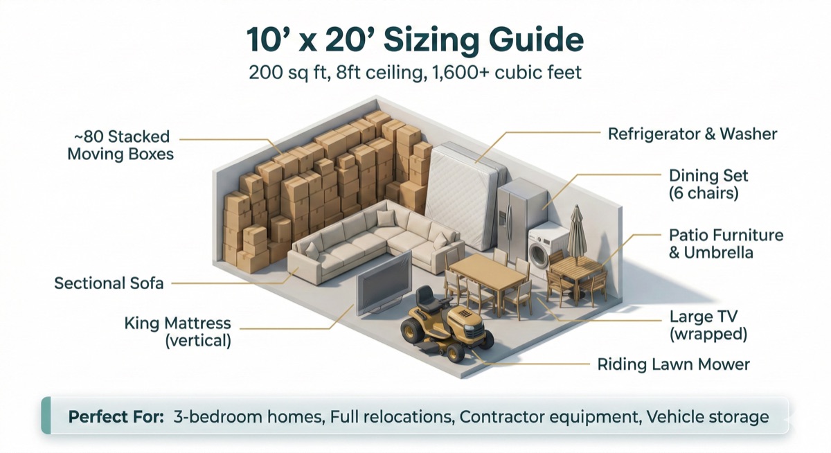10×20 storage unit sizing guide — fits A 3-bedroom home