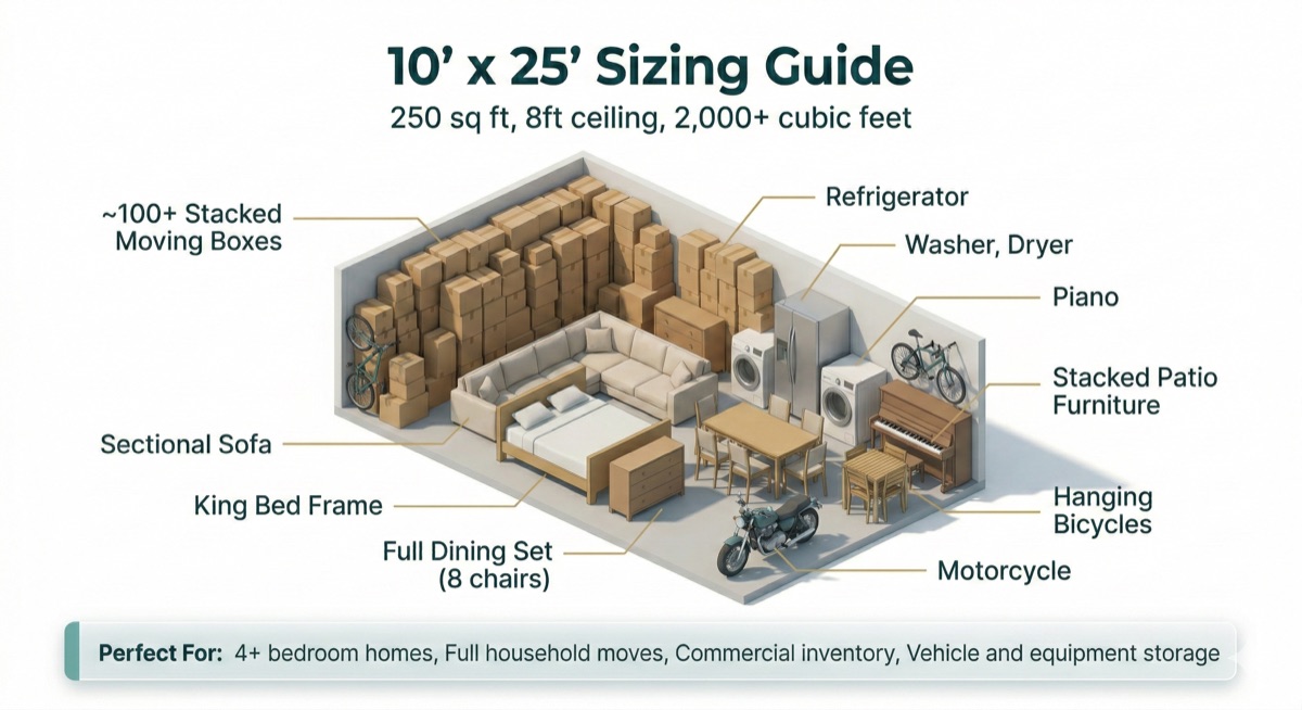 10×25 storage unit sizing guide — fits A 4-bedroom home
