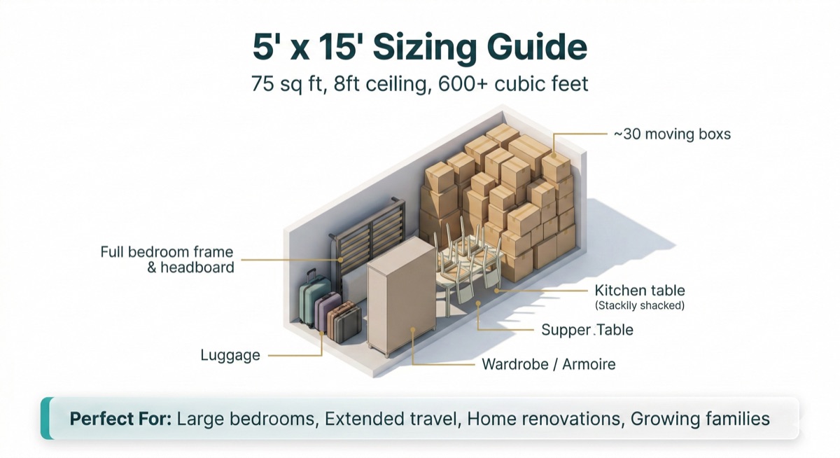5×15 storage unit sizing guide — fits A large bedroom